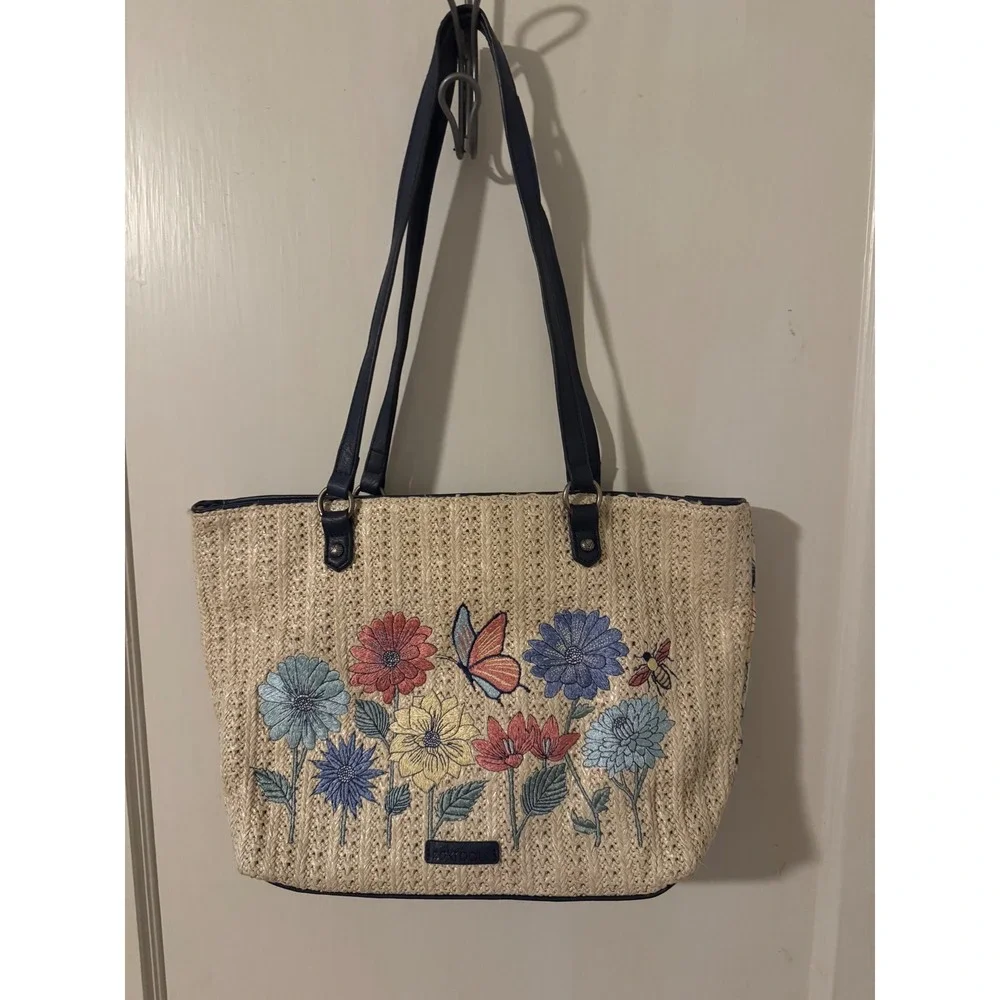 Sakroots Floral Embroidered Straw Tote Bag Navy Blue Butterfly Bee Summer Beach